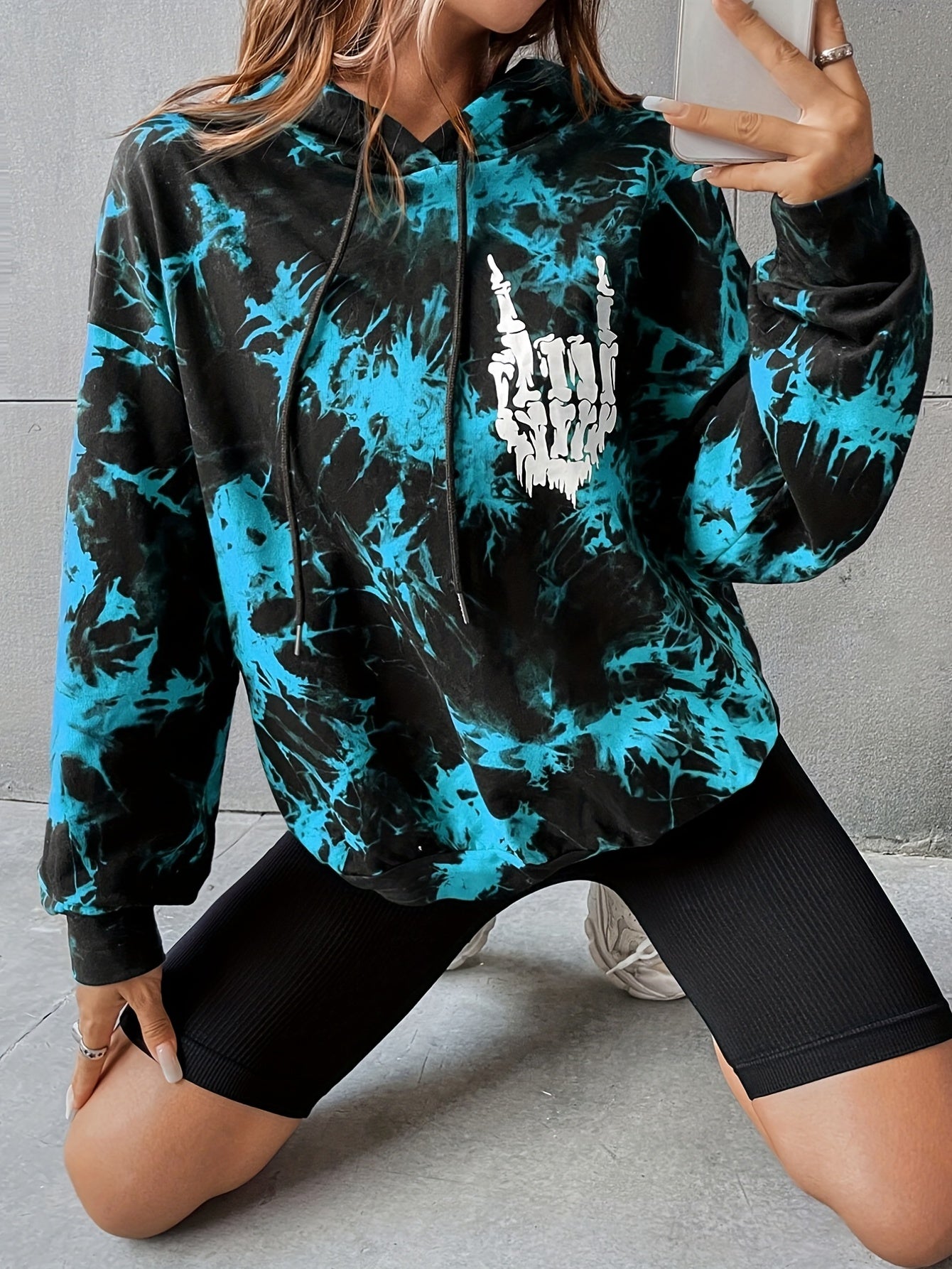 Graphic & Skull Print Drawstring Hoodie, Long Sleeve Casual Hoodie For Spring & Fall, Women's Clothing