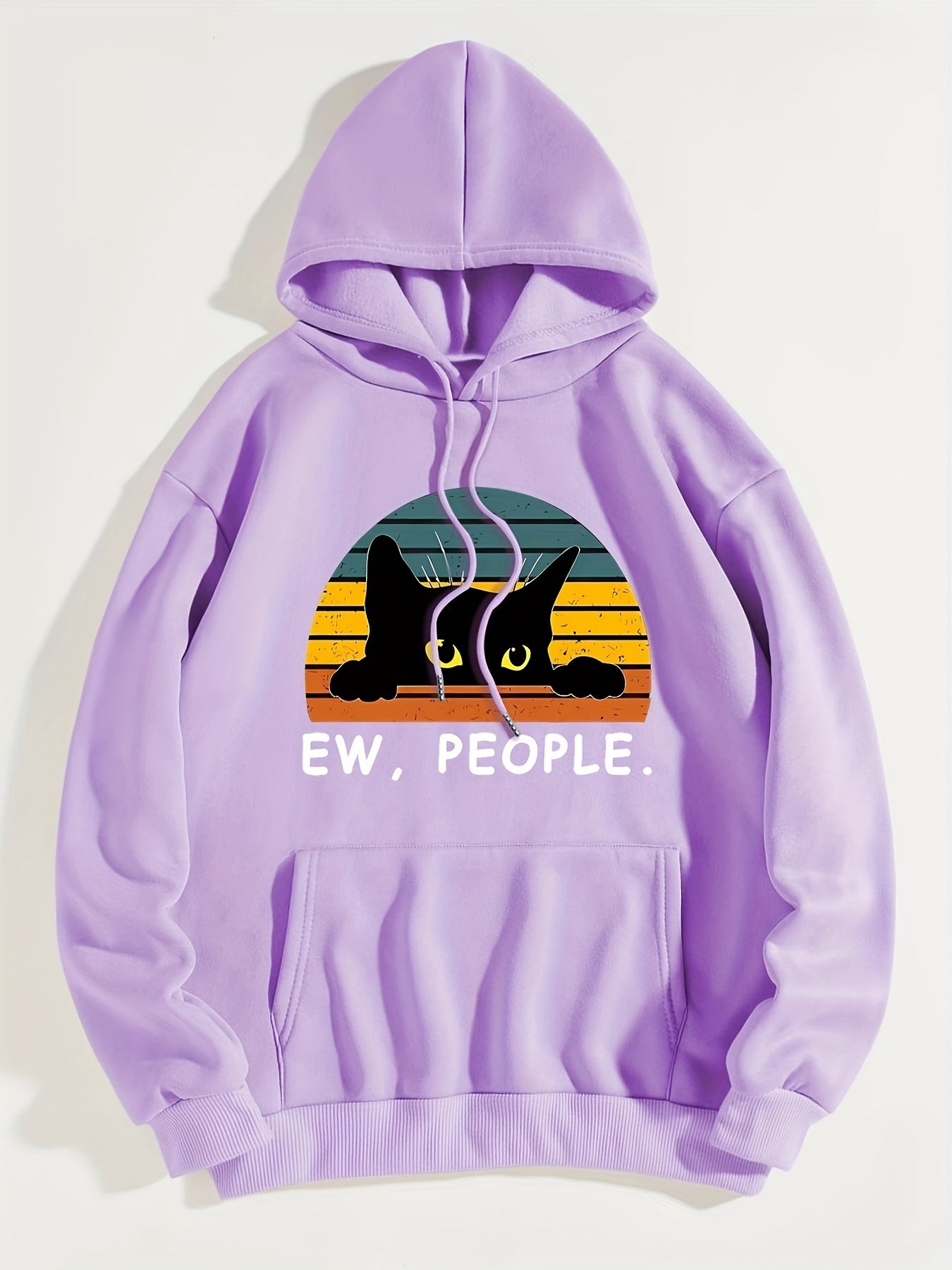 Cozy Cat Print Hoodie with Kangaroo Pocket - Perfect for Chilly Days, Comfortable & Easy Care Casual Wear for Women