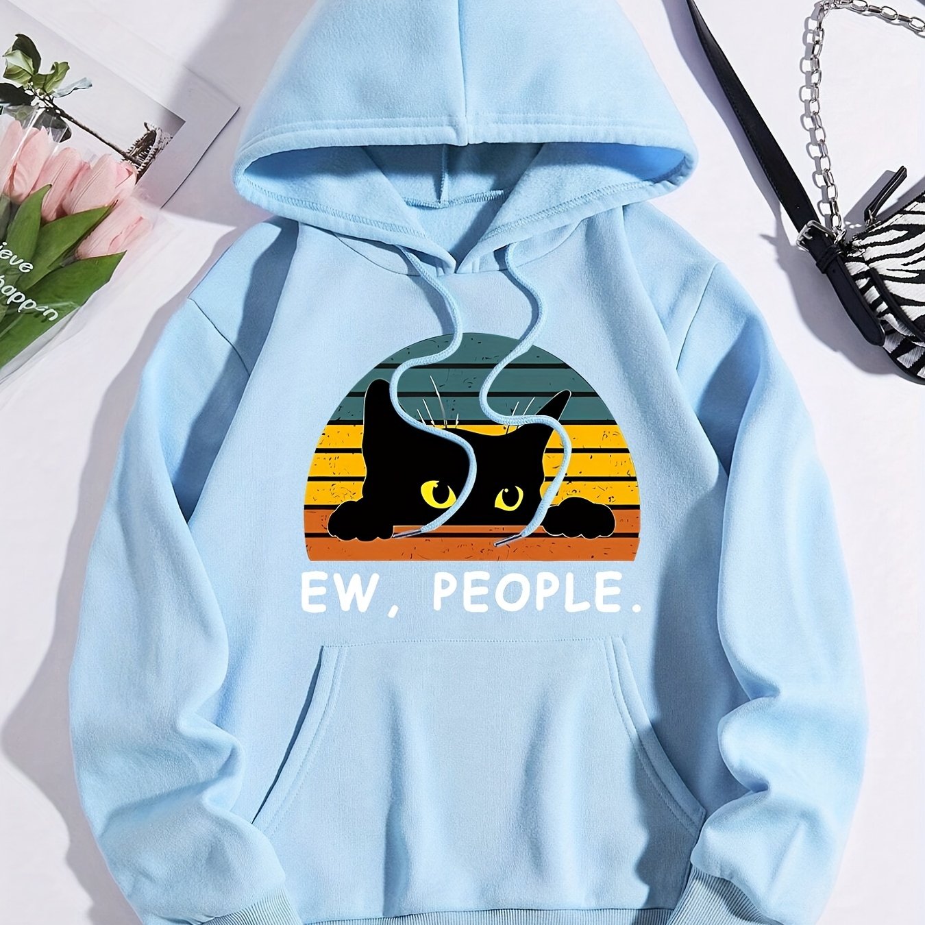 Cozy Cat Print Hoodie with Kangaroo Pocket - Perfect for Chilly Days, Comfortable & Easy Care Casual Wear for Women