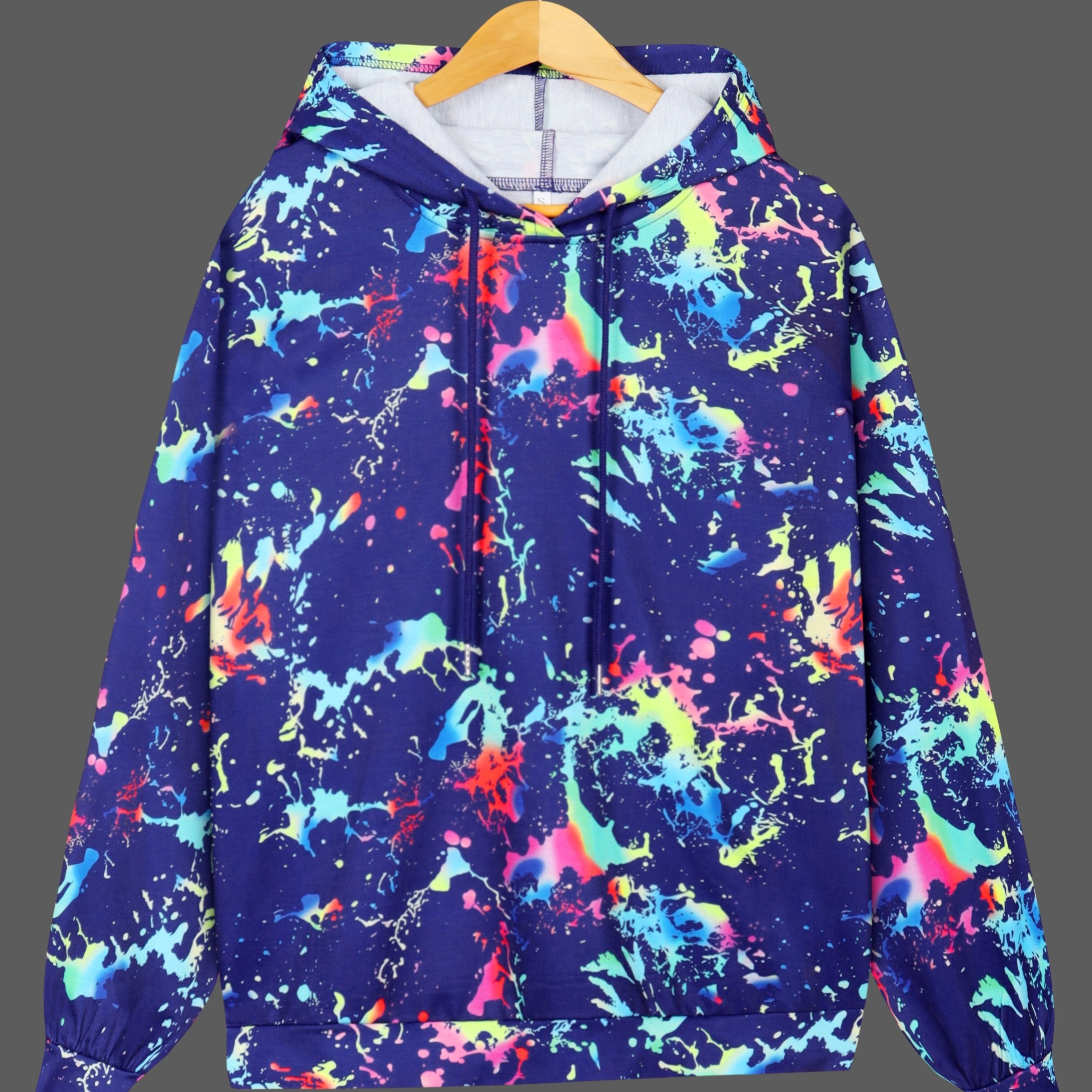 Color Printing Graphic Casual Long Sleeve Hooded Sport Sweatshirt For Women, Casual Sports Drawstring Hoodie, Women's Tops