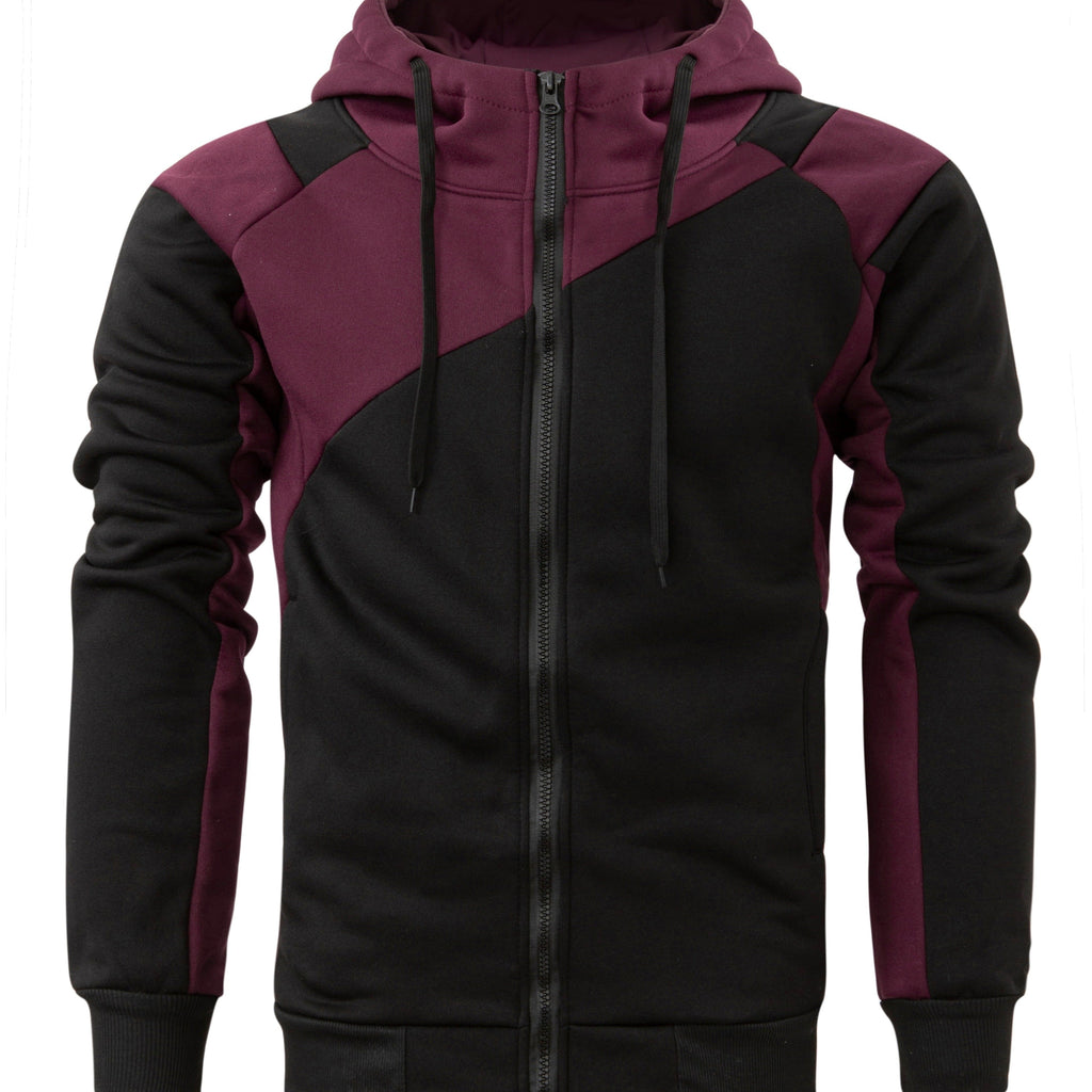Long Sleeves Men's Color Block Fleece Sweatshirt with Pockets, Zipper Hooded Drawstrings