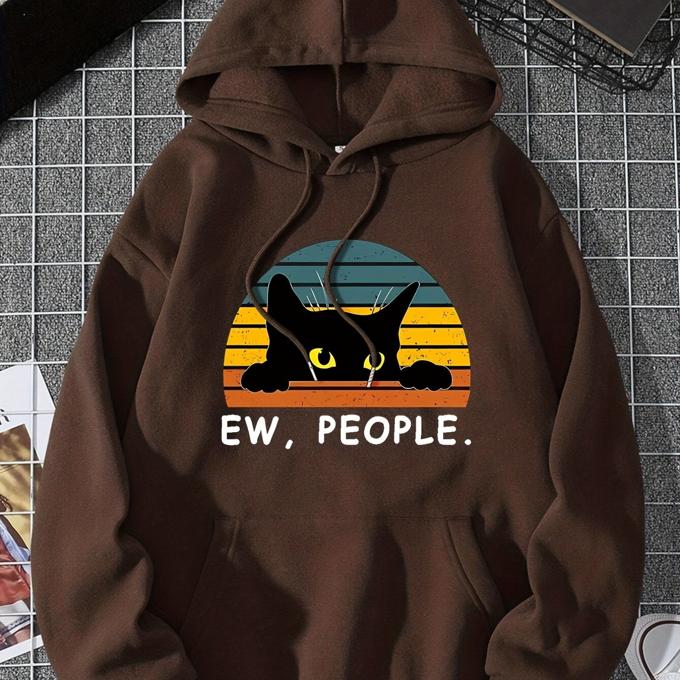 Cozy Cat Print Hoodie with Kangaroo Pocket - Perfect for Chilly Days, Comfortable & Easy Care Casual Wear for Women