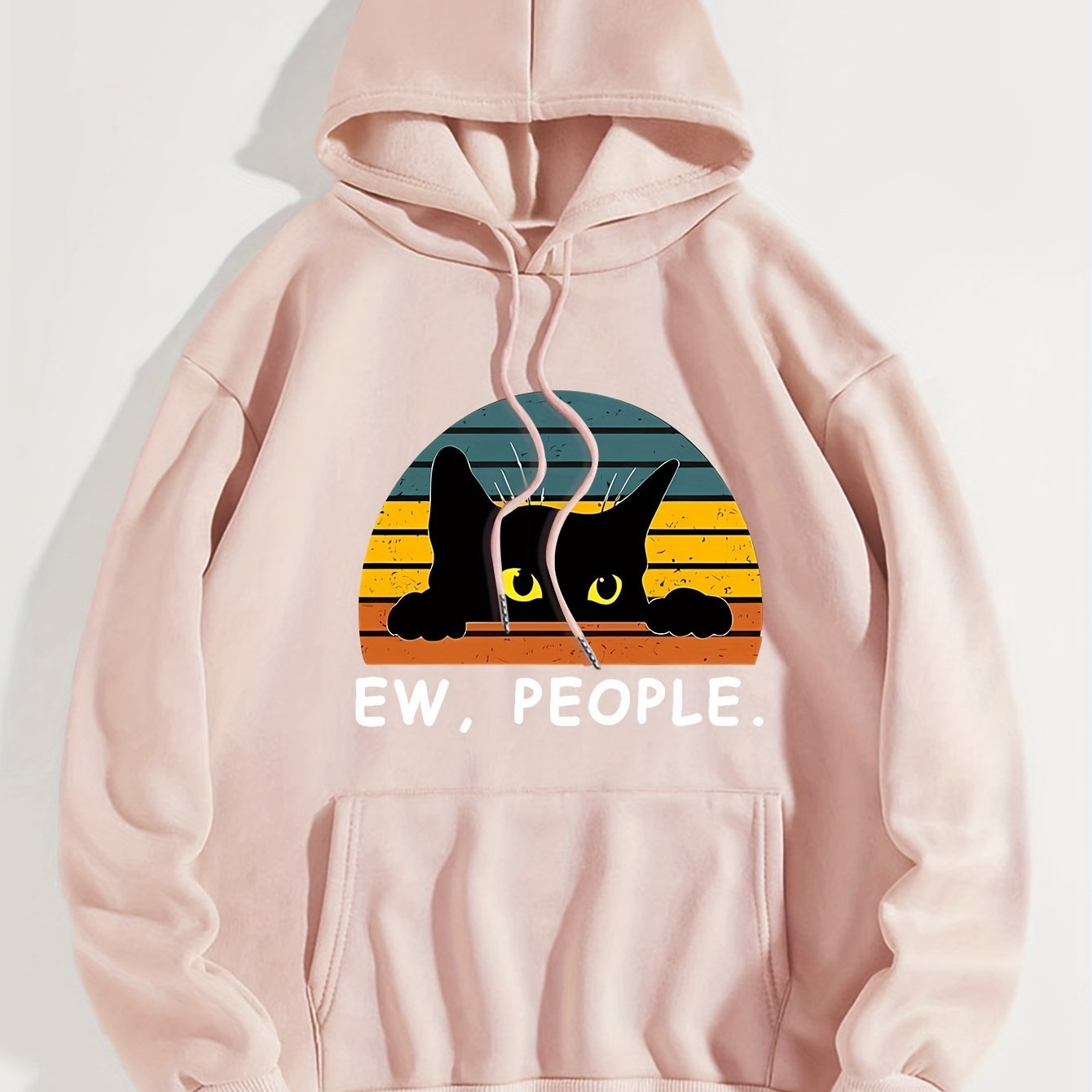 Cozy Cat Print Hoodie with Kangaroo Pocket - Perfect for Chilly Days, Comfortable & Easy Care Casual Wear for Women