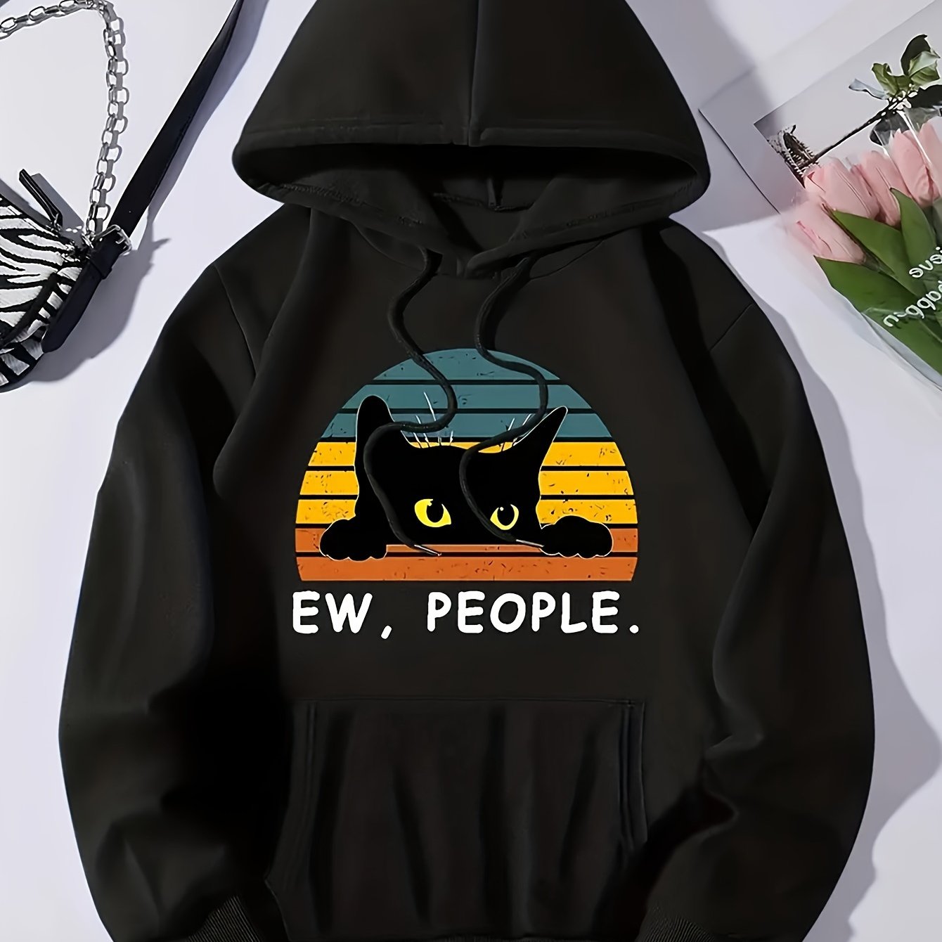 Cozy Cat Print Hoodie with Kangaroo Pocket - Perfect for Chilly Days, Comfortable & Easy Care Casual Wear for Women