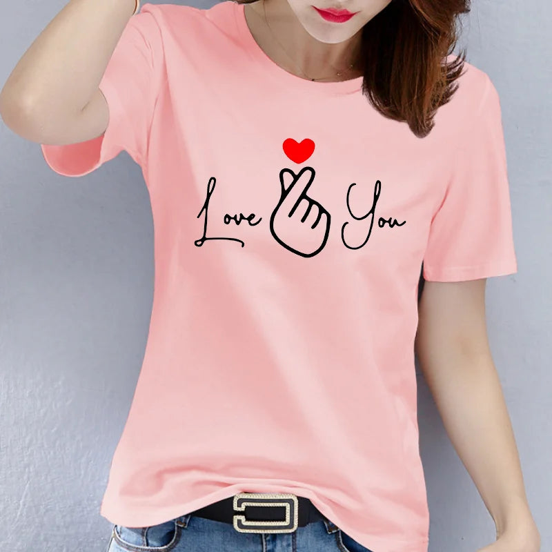 Cotton  100% Valentine's Day Couple Letter "Love You" Graphic Print Men's Round-neck Fashionable Short-sleeved Sports T-shirt
