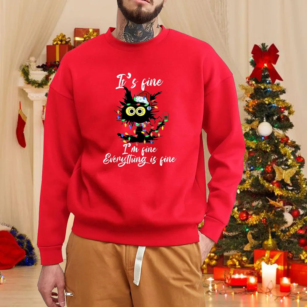 Christmas Cat Print Sweatshirt Men's Fashion New Christmas Cat Pattern Sweatshirt Top Christmas Cat Sweatshirt
