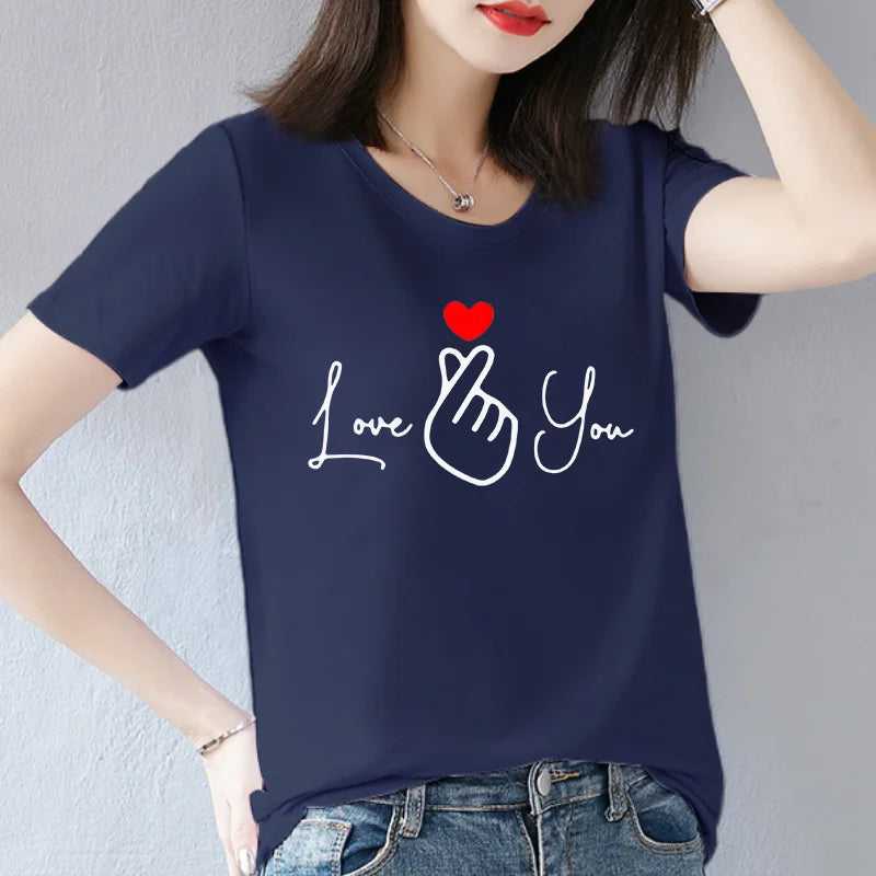 Cotton  100% Valentine's Day Couple Letter "Love You" Graphic Print Men's Round-neck Fashionable Short-sleeved Sports T-shirt