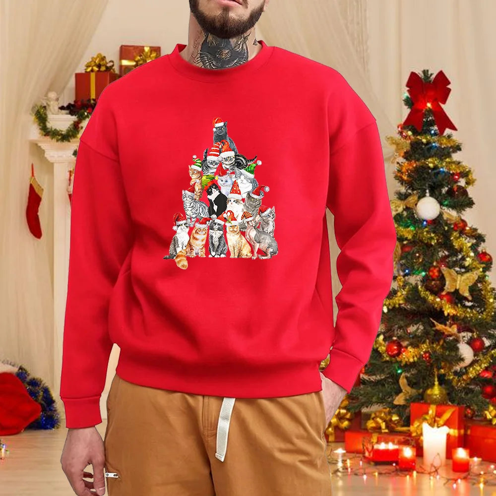Christmas Cat Print Sweatshirt Men's Fashion New Christmas Cat Pattern Sweatshirt Top Christmas Cat Sweatshirt
