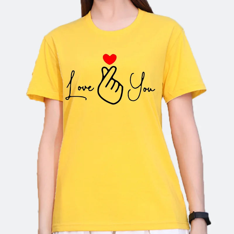 Cotton  100% Valentine's Day Couple Letter "Love You" Graphic Print Men's Round-neck Fashionable Short-sleeved Sports T-shirt