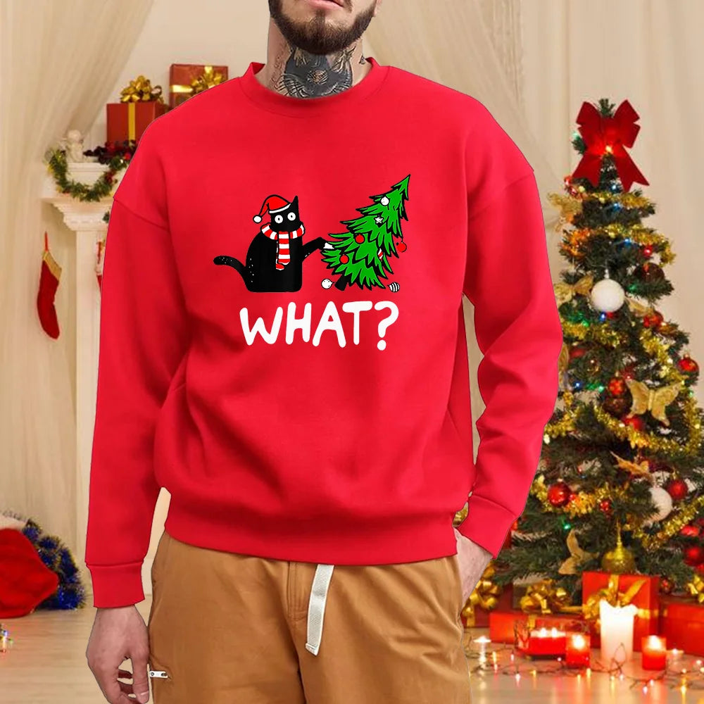 Christmas Cat Print Sweatshirt Men's Fashion New Christmas Cat Pattern Sweatshirt Top Christmas Cat Sweatshirt