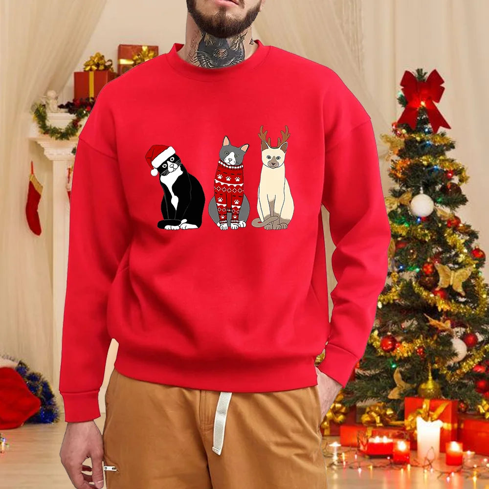 Christmas Cat Print Sweatshirt Men's Fashion New Christmas Cat Pattern Sweatshirt Top Christmas Cat Sweatshirt