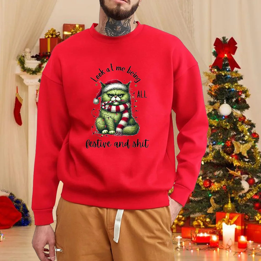 Christmas Cat Print Sweatshirt Men's Fashion New Christmas Cat Pattern Sweatshirt Top Christmas Cat Sweatshirt