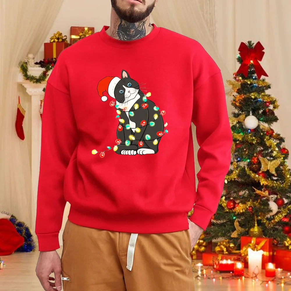 Christmas Cat Print Sweatshirt Men's Fashion New Christmas Cat Pattern Sweatshirt Top Christmas Cat Sweatshirt