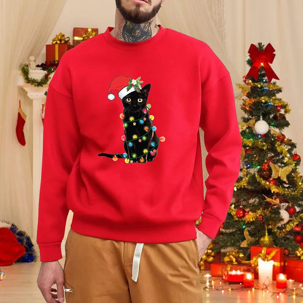 Christmas Cat Print Sweatshirt Men's Fashion New Christmas Cat Pattern Sweatshirt Top Christmas Cat Sweatshirt