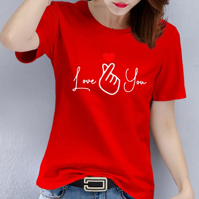 Cotton  100% Valentine's Day Couple Letter "Love You" Graphic Print Men's Round-neck Fashionable Short-sleeved Sports T-shirt