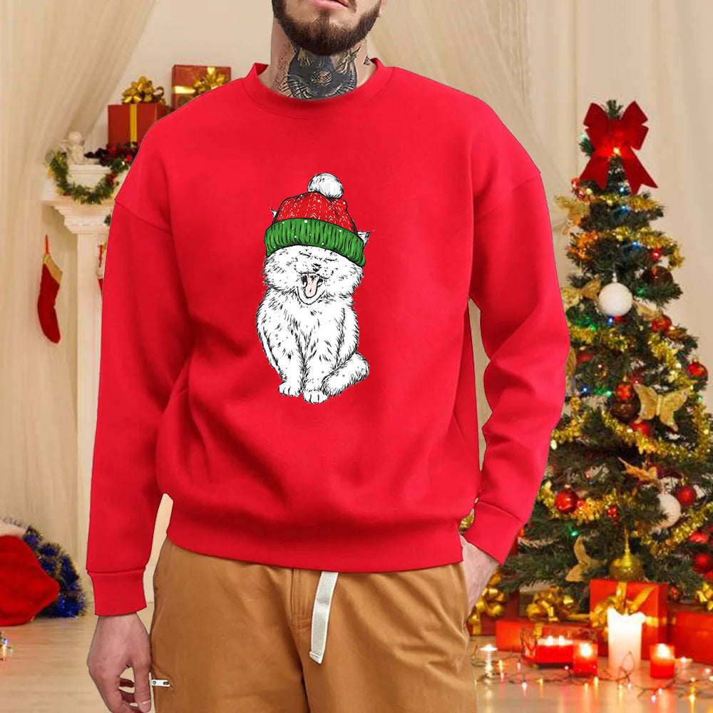 Christmas Cat Print Sweatshirt Men's Fashion New Christmas Cat Pattern Sweatshirt Top Christmas Cat Sweatshirt