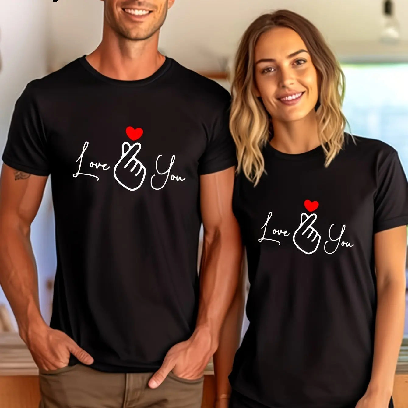Cotton  100% Valentine's Day Couple Letter "Love You" Graphic Print Men's Round-neck Fashionable Short-sleeved Sports T-shirt