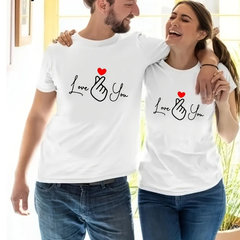 Cotton  100% Valentine's Day Couple Letter "Love You" Graphic Print Men's Round-neck Fashionable Short-sleeved Sports T-shirt