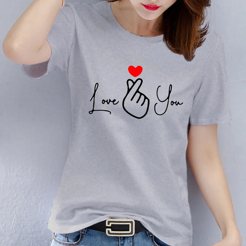 Cotton  100% Valentine's Day Couple Letter "Love You" Graphic Print Men's Round-neck Fashionable Short-sleeved Sports T-shirt