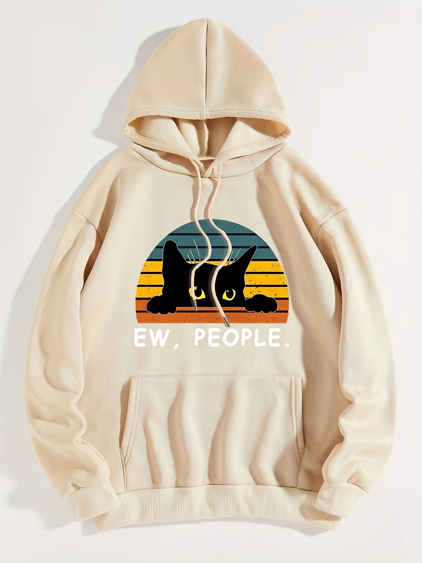 Cozy Cat Print Hoodie with Kangaroo Pocket - Perfect for Chilly Days, Comfortable & Easy Care Casual Wear for Women