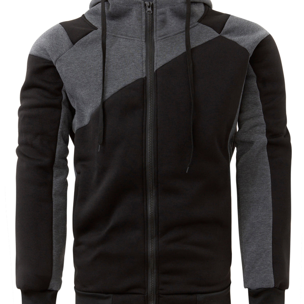 Long Sleeves Men's Color Block Fleece Sweatshirt with Pockets, Zipper Hooded Drawstrings