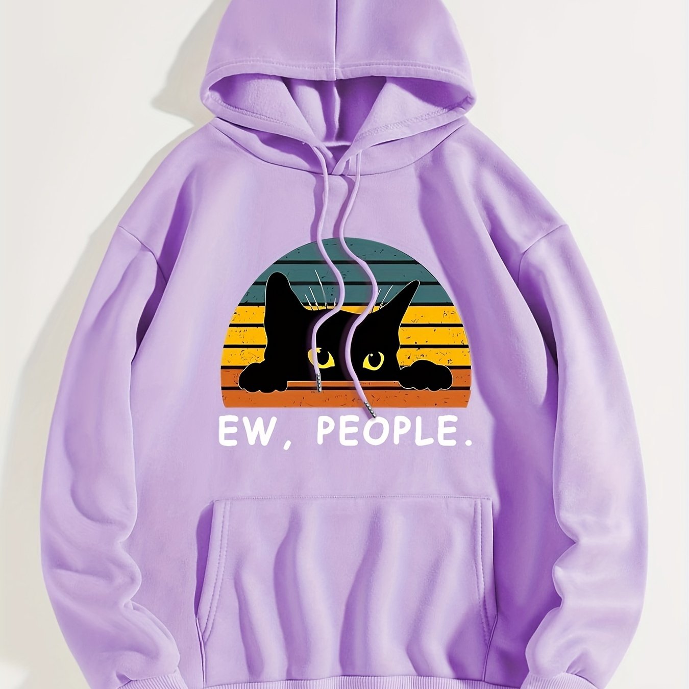 Cozy Cat Print Hoodie with Kangaroo Pocket - Perfect for Chilly Days, Comfortable & Easy Care Casual Wear for Women