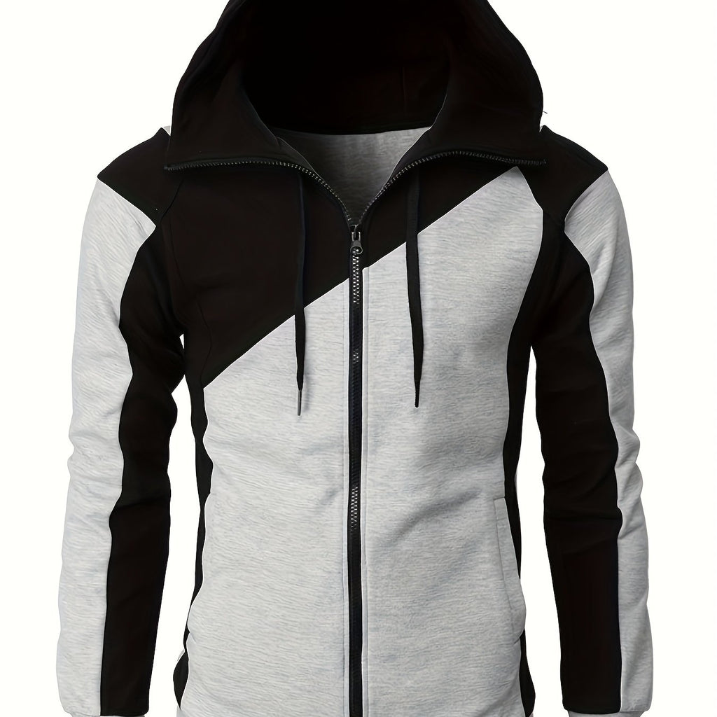 Long Sleeves Men's Color Block Fleece Sweatshirt with Pockets, Zipper Hooded Drawstrings