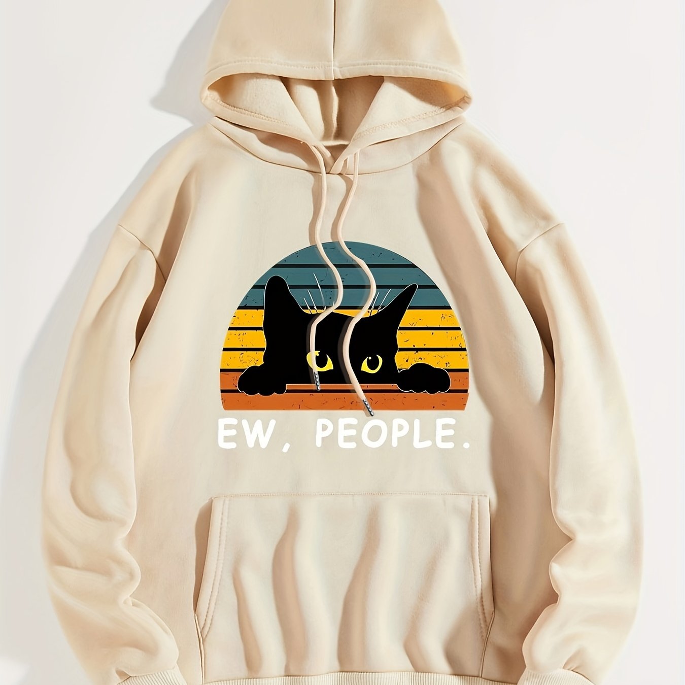 Cozy Cat Print Hoodie with Kangaroo Pocket - Perfect for Chilly Days, Comfortable & Easy Care Casual Wear for Women